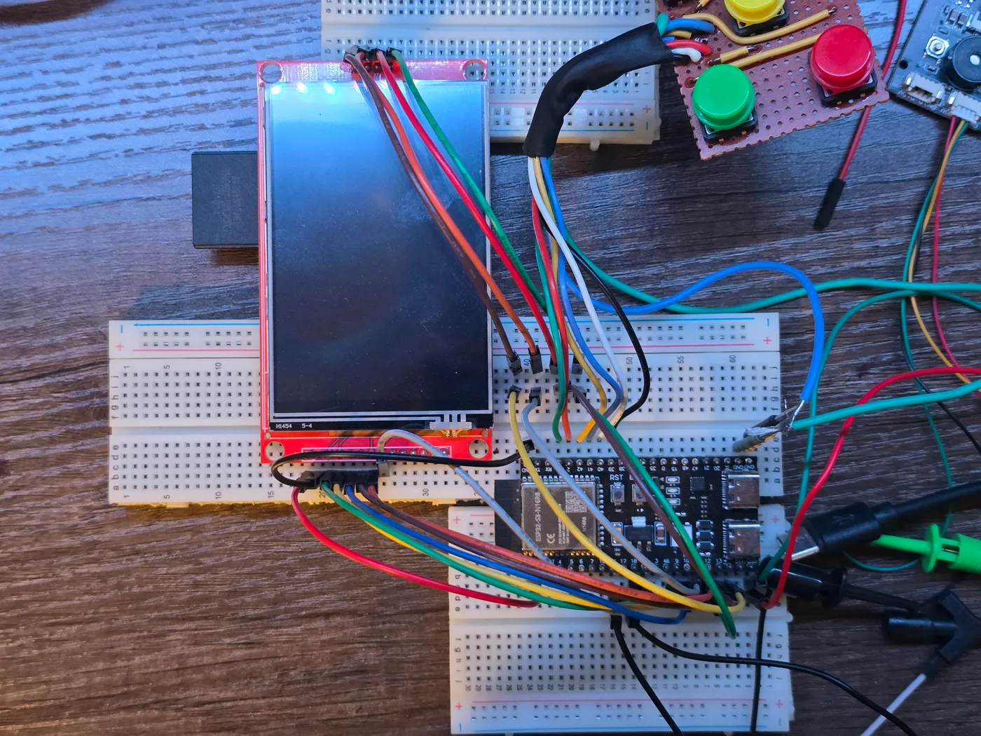 Current breadboard build with display, ESP32-S3, and button array connected