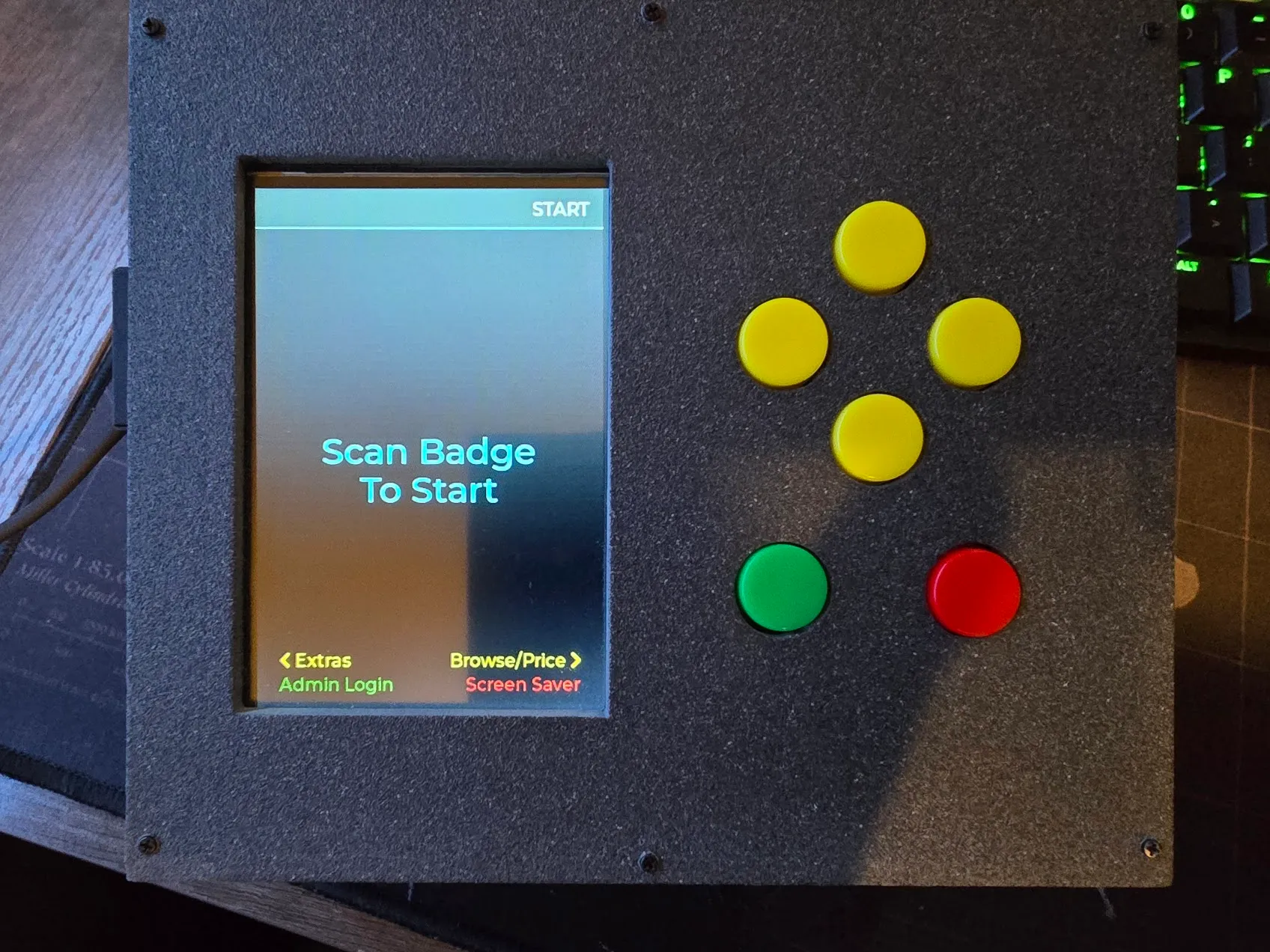 The finished cart switched on, showing the Scan Badge To Start screen beside its yellow, green and red buttons