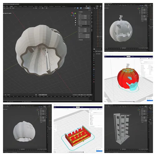 Blender and Cura screenshots showing the pumpkin shell design and slicing process