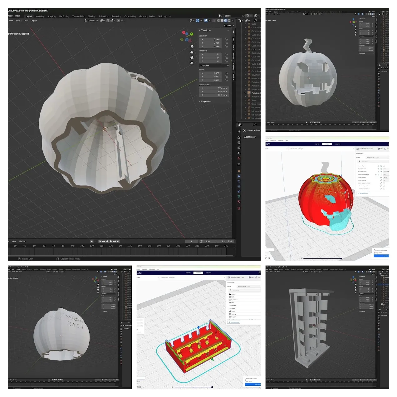 Blender and Cura screenshots showing the pumpkin shell design and slicing process