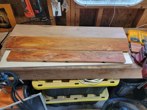 Canarywood boards after the initial miter cuts