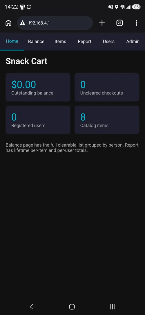 Web admin dashboard home page showing outstanding balance and catalog stats
